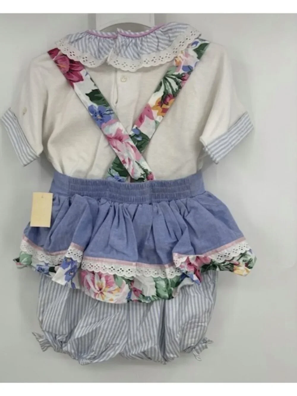 Vtg NOS Fedco Bubble Romper Girls 4 Toddler Striped Floral Short Overalls Ruffle